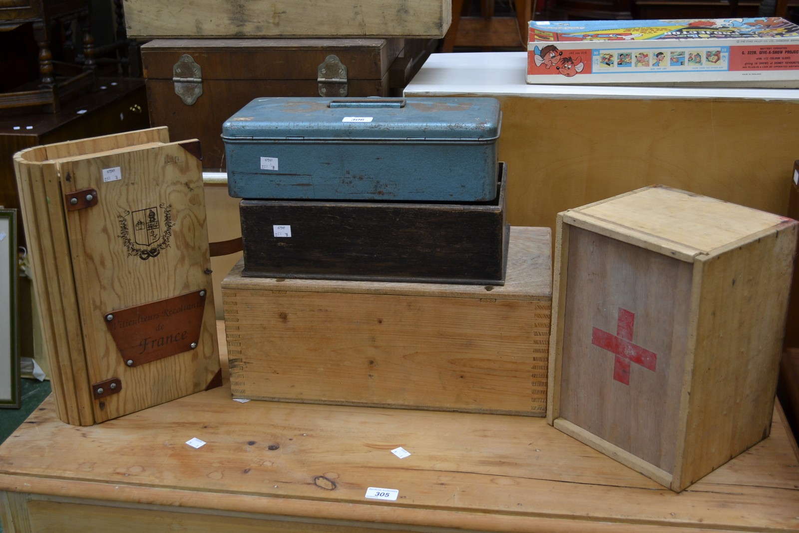 A small pine tool box, a pine wine box in a form of a book,