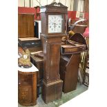 An Irish elm and oak longcase clock, fretted cresting to hood, fluted columns, modillion cornice and