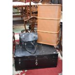 Two painted vintage travel trunks and a leather holdall