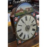 A French painted wall clock, arched landscape, floral corners, white dial, Roman numerals,