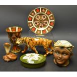 Ceramics - a Beswick tiger; Beswick tobacco jar; Moorcroft trinket dish, Crown Derby plate,