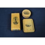 A Mauchline ware cased hourglass, the rectangular front cover printed with Beachy Head Lighthouse,