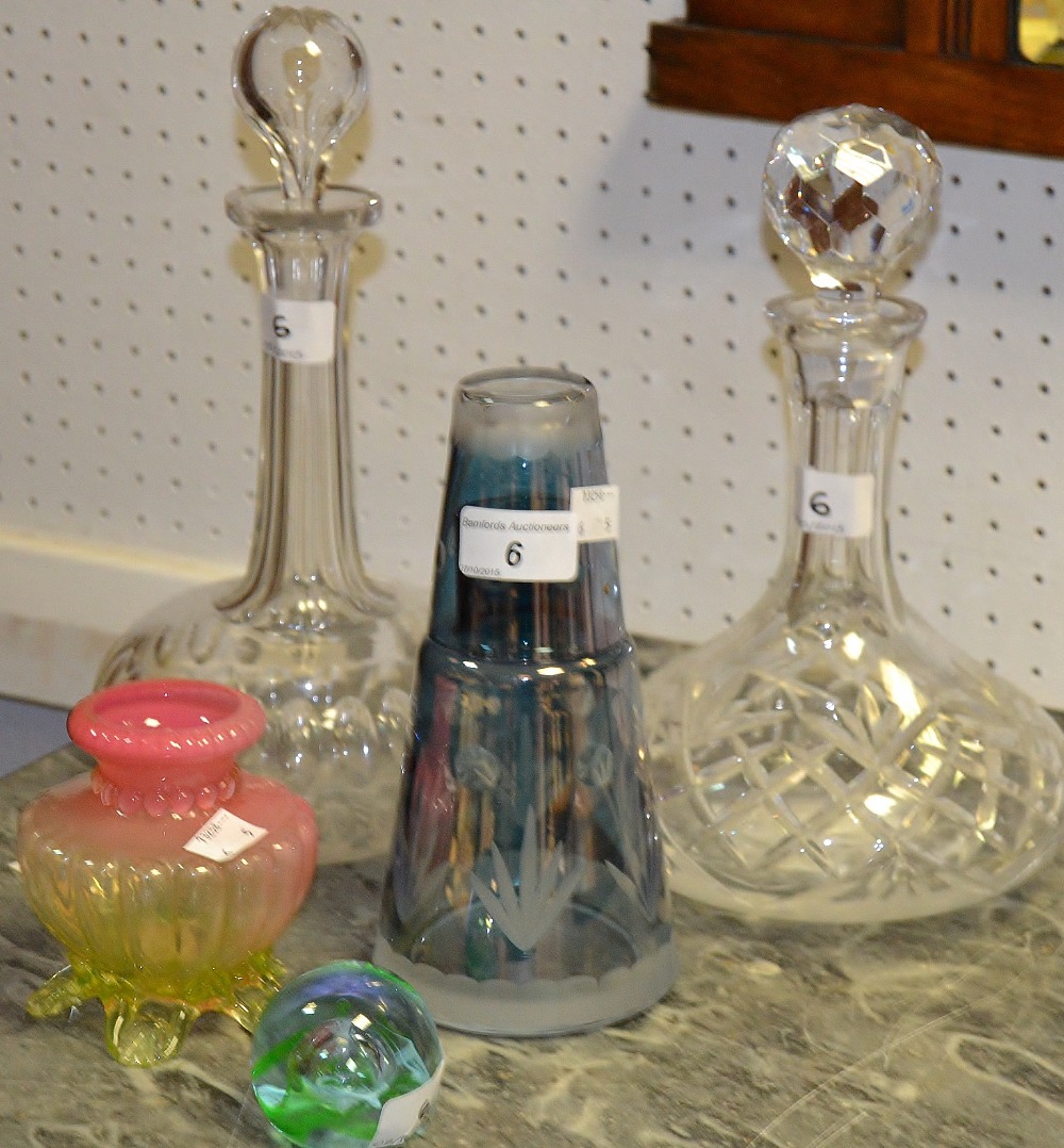 Glassware - an Edwardian glass decanter; another cut glass; a pink vaseline glass posy vase;