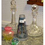 Glassware - an Edwardian glass decanter; another cut glass; a pink vaseline glass posy vase;