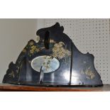 A Victorian black lacquered papier mache folding wall hanging corner shelf , two oval mirror centre,