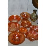 Carnival Glass - an orange carnival glass trifle dish; an orange carnival glass vase;