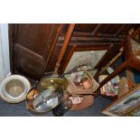 Household goods - a firescreen;  brass bed warmer;  tongue press; novelty teapot;