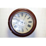 A mahogany school clock, white enamelled dial,