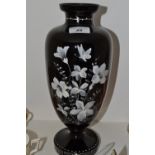 A Victorian ruby glass pedestal ovoid vase, painted in white with stylised flowers, 33cm high, c.