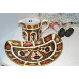 A Royal Crown Derby 1128 Imari crescent dish;  a conforming milk jug,