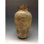 A large Bretby Brocatelle ovoid vase, impressed with lace floral motifs in slip, 37cm high,