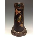A Bretby combination Cloisonné and Bronze spill vase, painted with a bird on a blossoming branch,