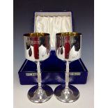 A pair of silver goblets, gilt bowls, textured bark effect stems, Sterling Silverware Ltd,