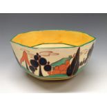 A Clarice Cliff Fantasque Bizarre Orange Trees and House pattern octagonal bowl,