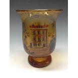 A 19th century amber glass vase, painted with Dickens characters, everted rim,