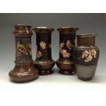 A pair of Bretby combination Cloisonné and Bronze vases, cylindrical necks with bulbous reservoirs,