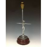 An Art Deco chrome car mascot, remounted as a table lamp, Brise Printaniere, cast with a young lady,