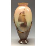 A Bretby combination Matzone and Frill ovoid vase, painted with a sailing boat, bronzed frill base,