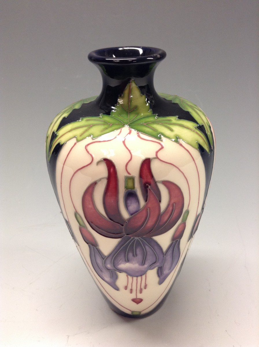 A contemporary Moorcroft Trial Fuchsia pattern vase,  tube lined with stylised flowers, 16.