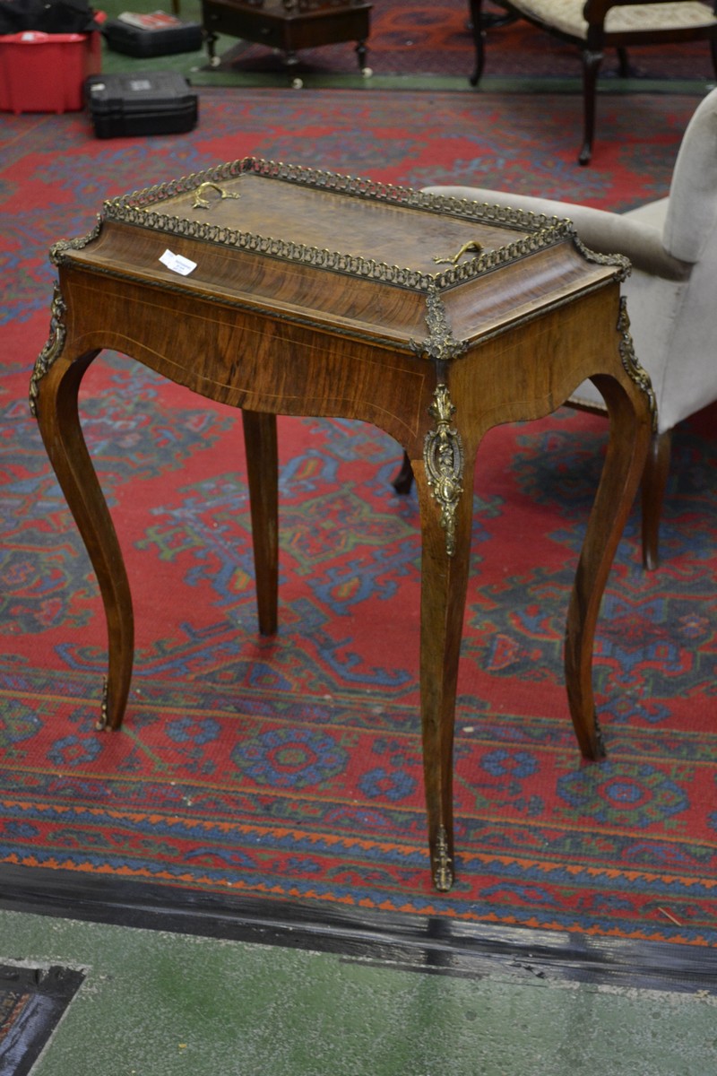 A French Louis XV Revival gilt metal mounted walnut rectangular table jardiniere, pierced gallery,