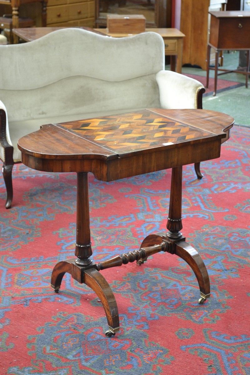 A George/William IV rosewood and parquetry bowed rectangular combination games and work table,