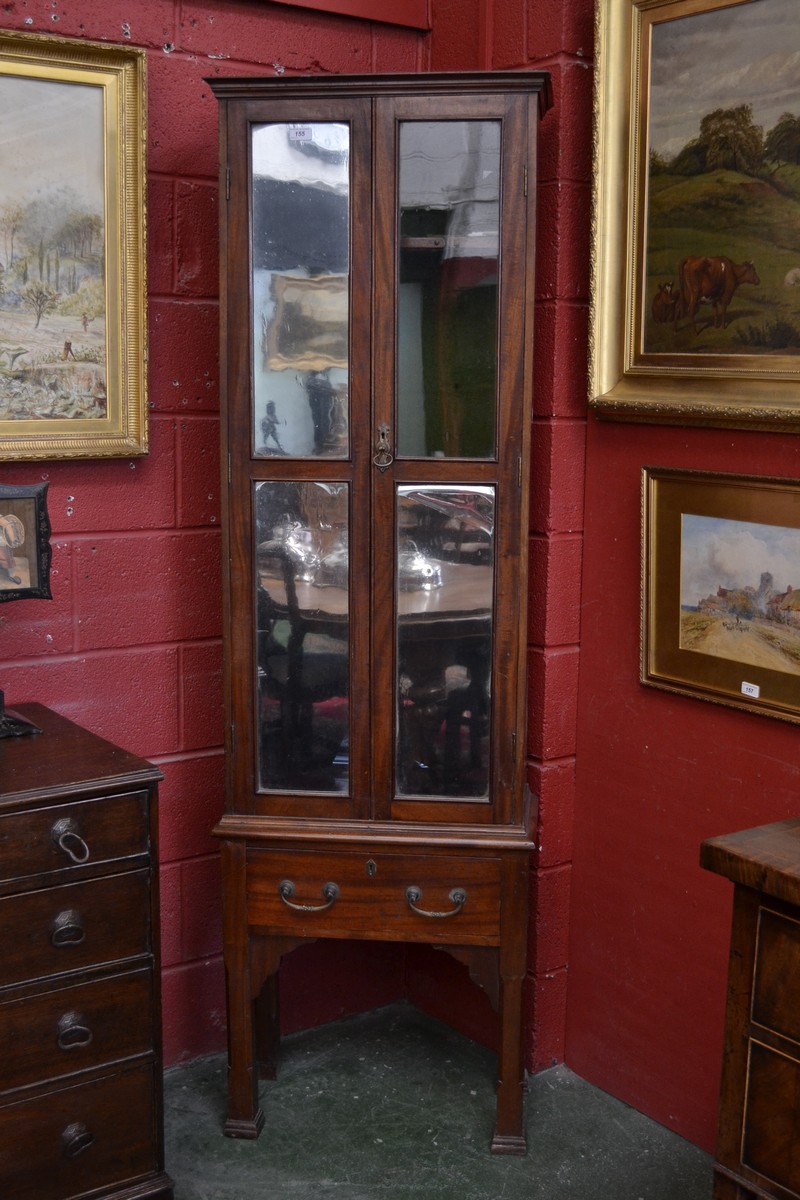 An Edwardian mahogany gun room cabinet, stepped cornice above a pair of rectangular doors,