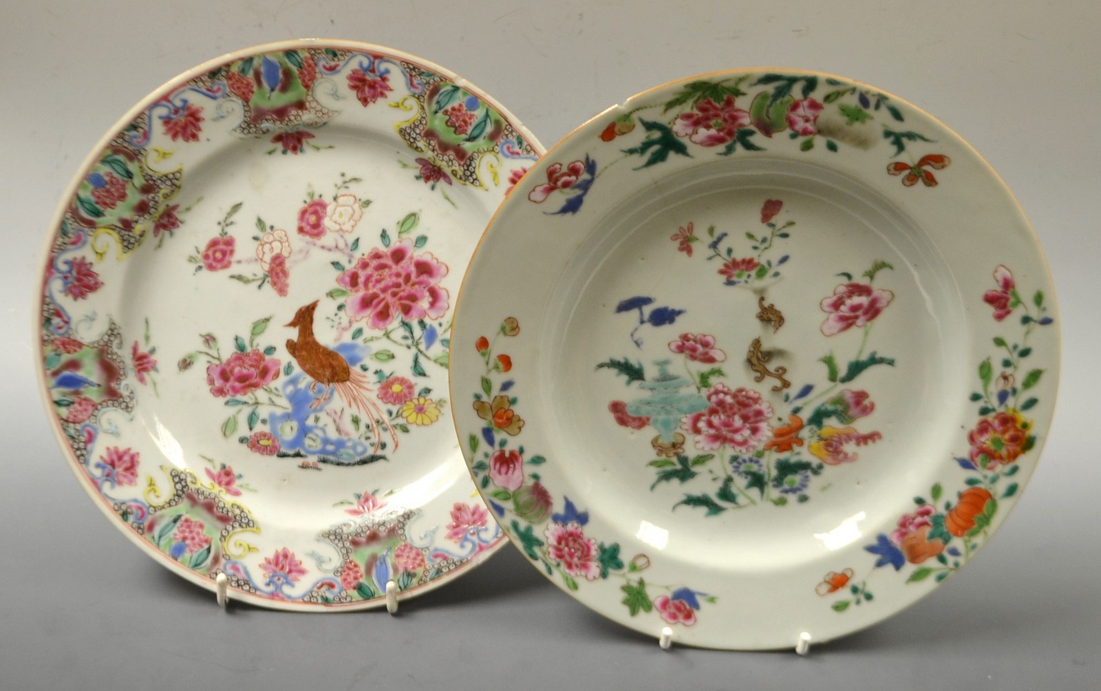 A Chinese shaped circular plate, painted in the Famille Rose palette with flowerheads and foliage,
