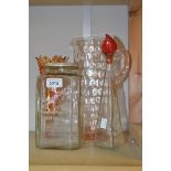 A Sanatogen shaped square pharmacy jar and screw on cover; a carnival glass vase;