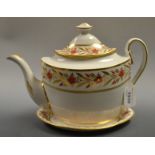 A Factory Z boat shaped teapot and stand, deep band with stylised flowers and gilt leaves,