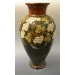A large Royal Doulton stoneware ovoid vase, applied with blossoming branches, impressed marks, c.