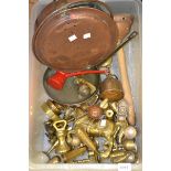 Metal ware - a set of four graduated brass bell weights; a tower weight; warming pan; candlesticks,