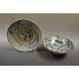 A Chinese blue and white shallow dish, the interior painted with scrolls in blue, unglazed band,