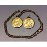 Coins, Great Britain, Gold Sovereigns, 1890 in loose 9ct mount with chain; 1915 in loose 9ct mount,