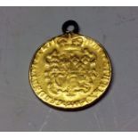 Coin, Great Britain, Gold Guinea, George III, 1776, mounted and worn with small loop, 8.