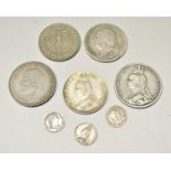Coins, Germany 5 Marks 1927D; France 5 francs 1824A; Great Britain, Crowns 1889,
