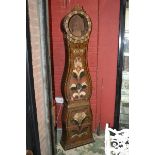 A French farmhouse longcase clock, case only, scumbled and painted with floral motifs,