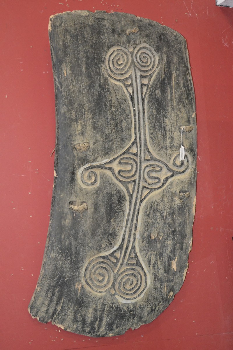 Tribal Art - a Papua New Guinea war shield, carved with lozenge and scroll motifs, 101cm high,