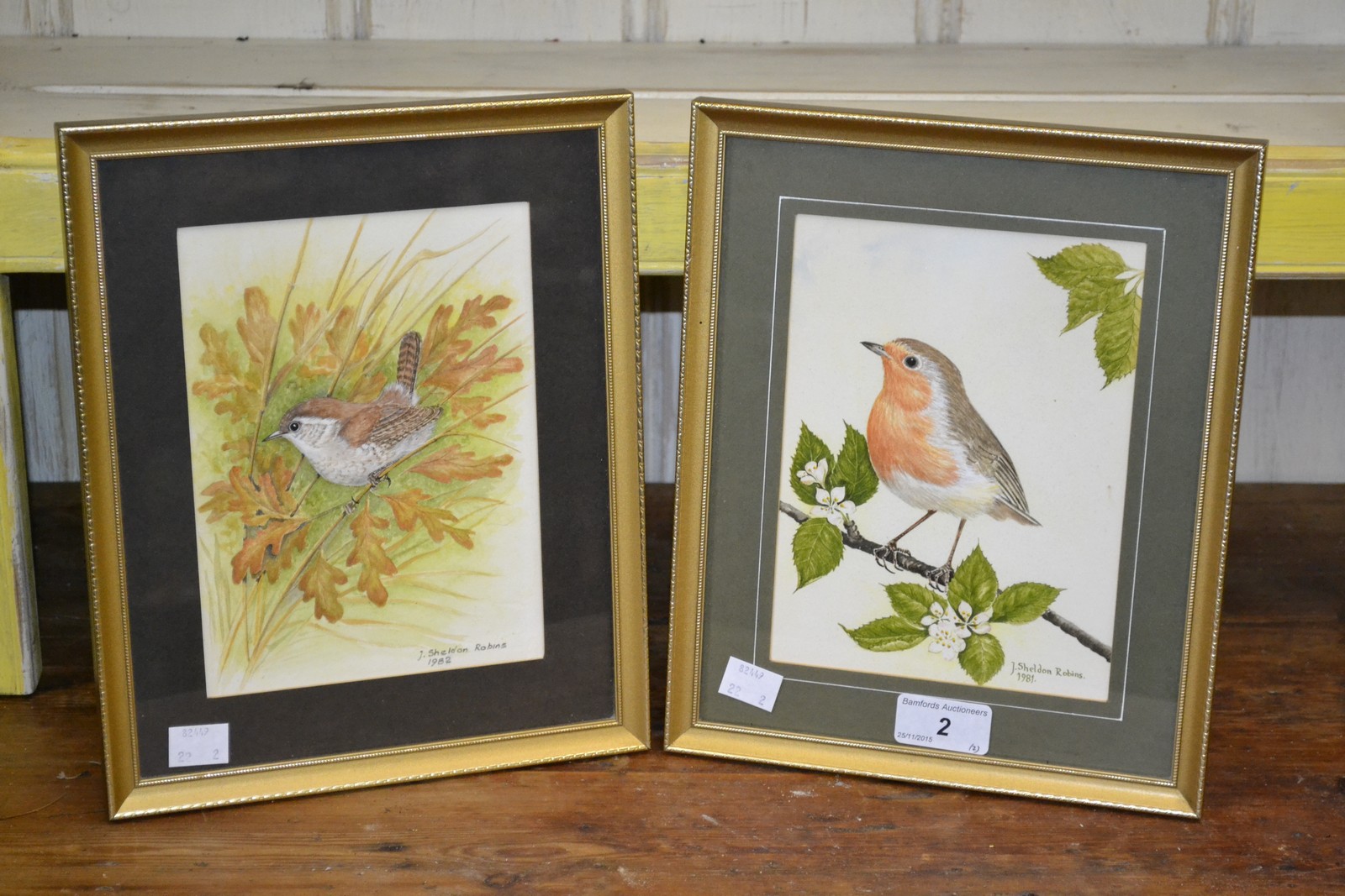 J Sheldon Robin, 20th century, a pair, Robin and Wren, watercolours, signed, date 1981-82, 18.