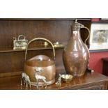 Metalware - a Middle Eastern copper and brass flagon; a coal scuttle brass iron;