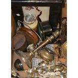 Box of objects - silver plated - spoon, candlesticks etc; wooden carved stands; a silver spoon,