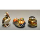 A Royal Crown Derby paperweight Mandarin Duck; others, Puffin, Little Owl, silver stoppers,