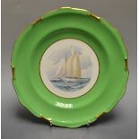 A Royal Crown Derby shaped circular plate, painted by W E J Dean, signed, Golden Hind,