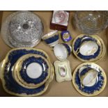 Ceramics and Glass - A Crown Staffordshire blue and gilt part tea service including four cups,
