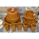 A Portmerion Totem pattern part table set including cheese dome and stand , coffee cans,