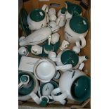 A Denby Green Wheat pattern teapot, hot water jug and cover, sauce boat, cruet set on tray,