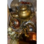 Metalware - a Victorian lobed EPBM coffee pot; a shaped galleried tray; brass trivets; candlestick;