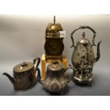 Metalware - a brass lantern clock; an aesthetic movement Britannia metal spirit kettle on stand;