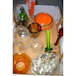 Glassware -   an Austrian green liqueur decanter;  a smoked glass vase;  clear glassware;