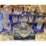 A Tutbury crystal vase, boxed, Tutbury crystal Whisky tumblers, boxed, other Tutbury glasses,