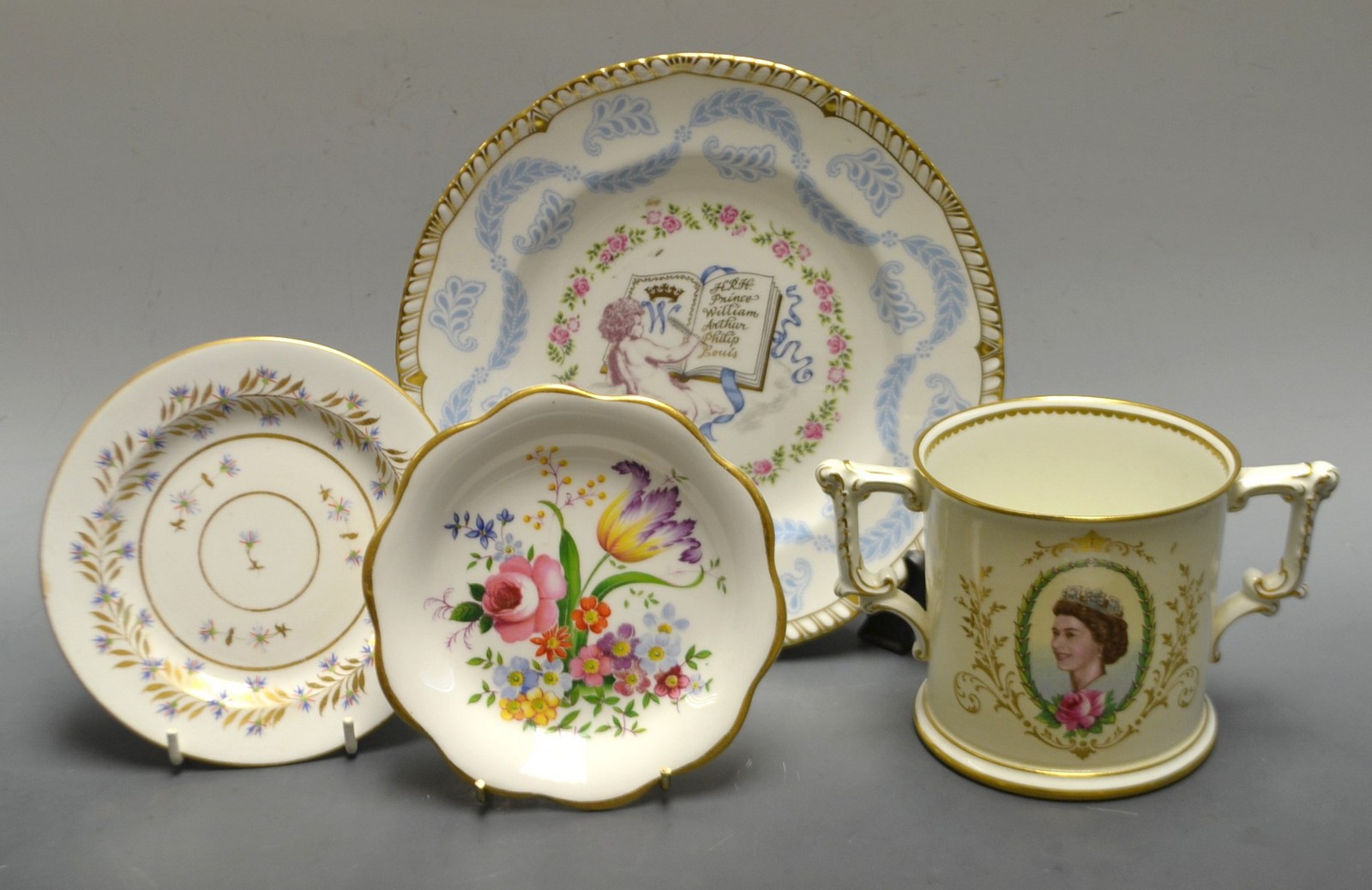 A Royal Crown Derby two handled loving cup; an Abbeydale plate;